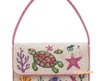 Meeresschildkröte Perlen Umhängetasche, Küsten handgemachte Geldbörse, Ozean Thema Handtasche, Seestern Perlen Tasche, Strand Urlaub Geldbörse, niedliches Sommergeschenk für