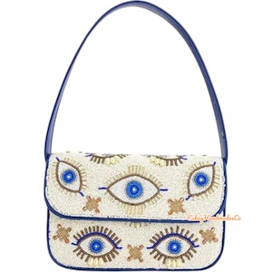 Evil Eye Beaded Shoulder Bag, Blue Nazar Handbag, Handmade Boho Purse, Protection Charm Bag, Beaded Clutch, Staud Dupe, Gift for Her