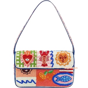 May include: A beaded shoulder bag with a blue strap and flap. The bag features colorful beaded designs including a heart, lobster, sun, oranges, and a fish. The bag is rectangular and has a blue border.