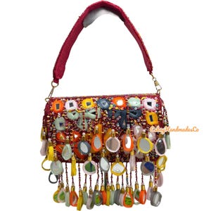 Bolso de mano con espejo para fiesta con cuentas estilo bohemio Banjara para mujer, regalo para ella
