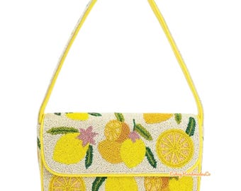 Lemon Beaded Shoulder Bag, Citrus Summer Handbag, Handmade Yellow Fruit Purse, Beaded Clutch, Vacation Bag, Staud Dupe, Gift for Her