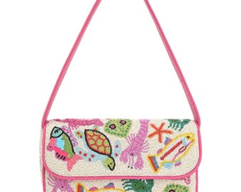 Colorful Fish Beaded Shoulder Bag, Sea Life Handmade Purse, Tropical Ocean Handbag, Beach Vacation Bag, Statement Beaded Clutch, Gift for He