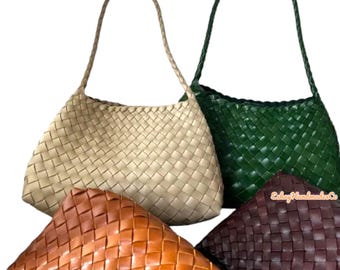 Handmade Woven Leather Tote Bag, Leather Weaving Bag, Crossbody Bag, Hobo bag, lightweight, Bamboo Style Ladies Tote Bag