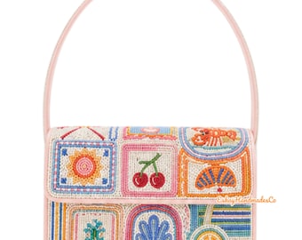 Mediterranean Beaded Shoulder Bag, Coastal Handmade Purse, Cherry & Citrus Beaded Handbag, Summer Vacation Bag, Italian Tile Inspired Purse