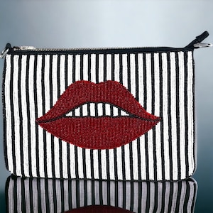 Hand Embroidered Canvas Makeup Bag: Striped Travel Pouch