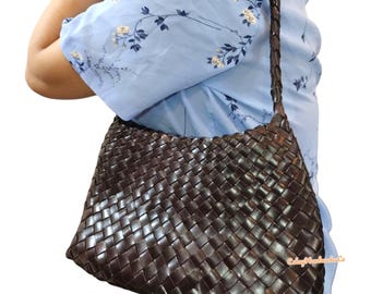 Handmade vintage cowhide Handbag, Handcrafted tote bag, handwoven leather bag, Retro woven leather shoulder bag, Gift for her
