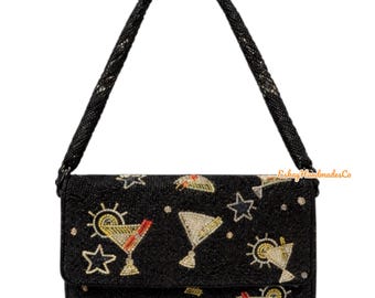 Cocktail themed Martini sparkle black staud dupe bag, Handmade Beaded Clutch for Women, Unique Gift for Her