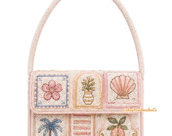 Coastal Tile Beaded Shoulder Bag, Beachy Handmade Purse, Seashell & Palm Tree Handbag, Pink Aesthetic Bag, Vacation Statement Purse, Gift