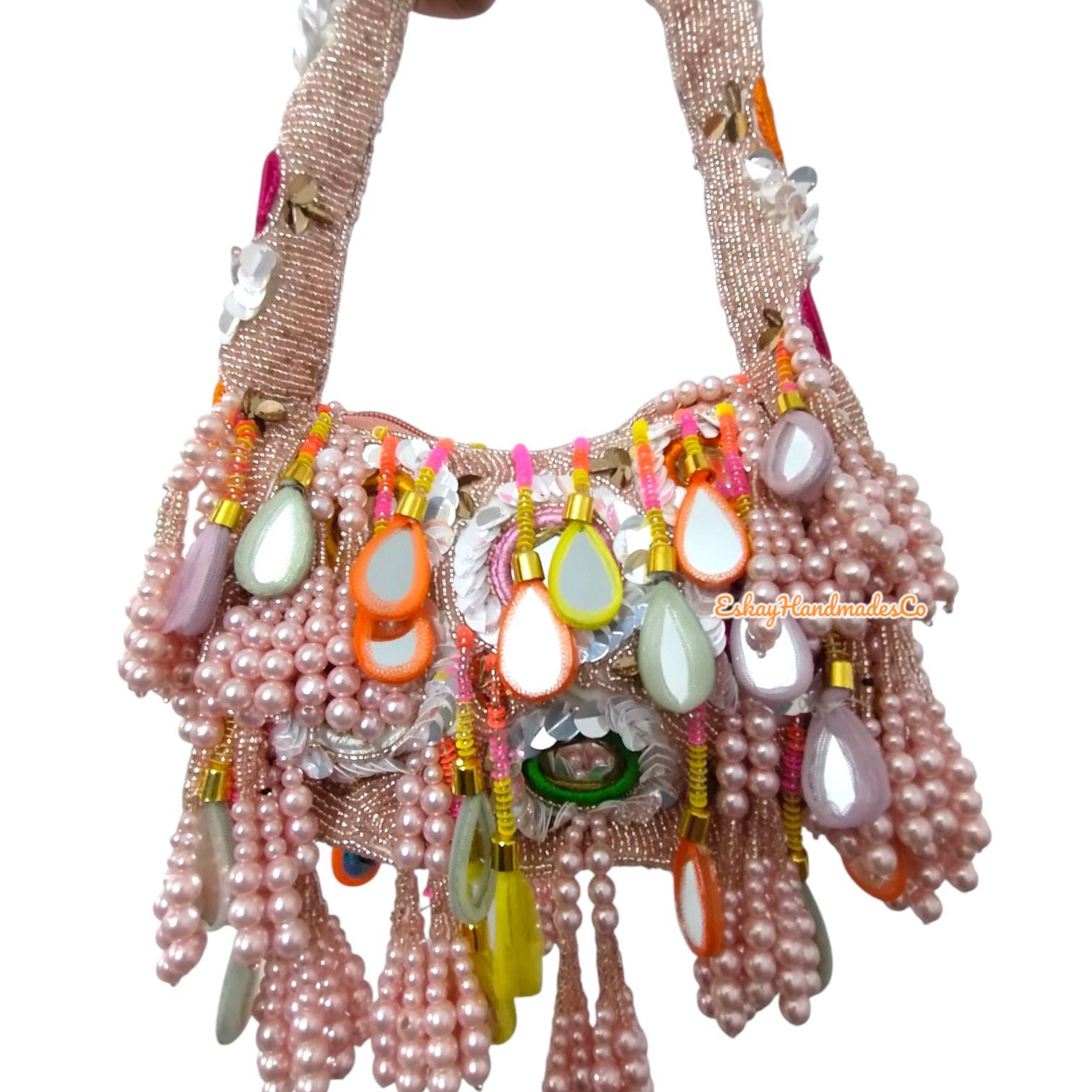 Banjara Beaded Mirror Clutch Purse, Boho Party Bag, Vibrant Handmade Gift for Her, Ethnic Indian Embroidered Evening Bag