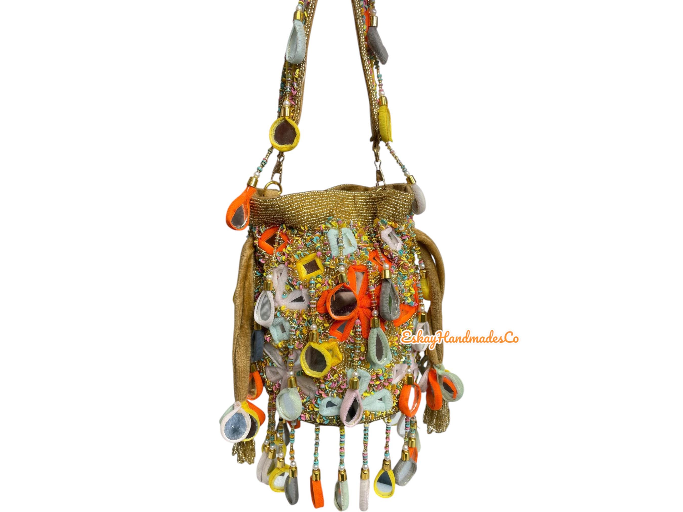 Mirror Tassel Beaded Potli Bag – Handmade Boho Drawstring Purse | Ethnic Indian Embroidered Wedding & Party Bag with Detachable Strap