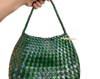 Handmade Woven Leather Tote Bag, Leather Weaving Bag, Crossbody Bag, Hobo bag, lightweight, Bamboo Style Ladies Tote Bag