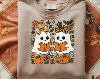 Ghost Reading Books PNG: Floral Fall Halloween Design (Digital Download)