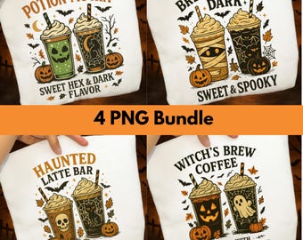 Spooky Coffee PNG Bundle: Halloween Ghost, Witch Brew, Skull Cup (Digital Download)
