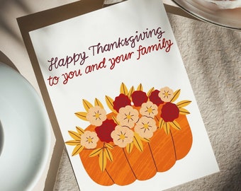 Printable Happy Thanksgiving Day Greeting Card, Thanksgiving Wishes, Floral Pattern Pumpkin Thankful Card, Thanksgiving Wishes of Abundance.