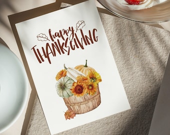 Printable Thanksgiving Greeting Card with Pumpkins and Autumn Blooms, Designed with Autumn's Colors: Thanksgiving Card, Thanksgiving Wishes.