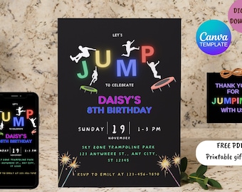 EDITABLE Jump Birthday Party Invitation, Trampoline Park Invitation, Free Gift Tags, Canva Invitation Template, Birthday Party, Jump Party.