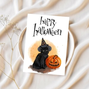 Magische afdrukbare Halloween-wenskaart met zwarte kat en heksenhoed, spookachtige digitale Halloween-kaart met pompoen en heksenhoed.
