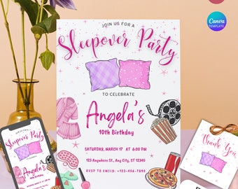 EDITABLE White Sleepover Birthday Party Invitation, Movie Night, Pajama Party, Slumber Party,  Canva Preteen Sleepover Party Template.