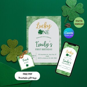 EDITABLE Lucky One Birthday Invitation, Shamrock Birthday Invite, St. Patrick&#39;s Day First Birthday İnvitation Template, Canva Template.