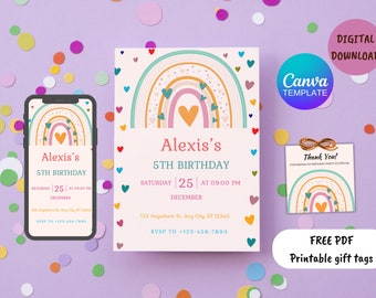 EDITABLE Rainbow Birthday Party Invitation, Birthday Invitations, Canva Invitation Template, Free Gift Tags, Mobile Invitation Template Link