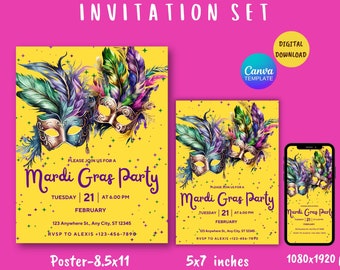May include: A set of three digital invitations for a Mardi Gras party. The invitations feature a yellow background with colorful feathers and masks. The text on the invitations reads "Please join us for a Mardi Gras Party" with the date and time of the party. The invitations are available in three sizes: 8.5x11 inches, 5x7 inches, and 1080x1920 pixels.