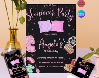 EDITABLE Sleepover Birthday Party Invitation, Slumber Party, Pajama Party, Movie Night, Canva Preteen Sleepover party Template, freegifttags