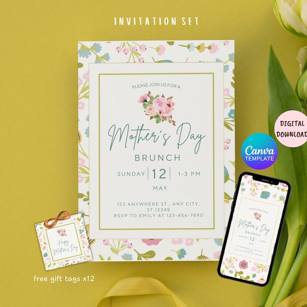 Mother's Day Brunch, Mother's Day Invitation, Editable Mother's Day Brunch Invite, Happy Mother's Day Invite, Printable Mother's Day Tag.