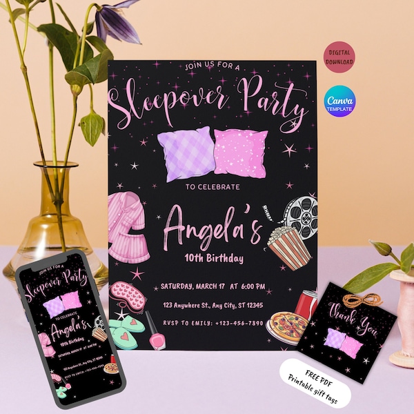 EDITABLE Sleepover Birthday Party Invitation, Pajama Party, Movie Night, Canva Preteen Sleepover party Template, freegifttags