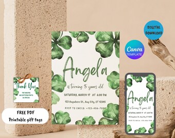 EDITABLE St. Patrick's  Birthday Party Invitation Template, Printable Shamrock Birthday Invitation Set, Editable Template, Shamrock Lucky