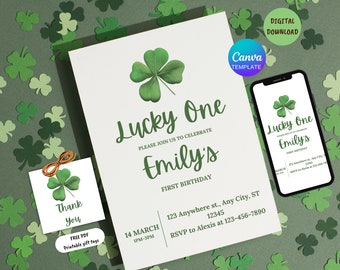 EDITABLE Lucky One Birthday Invitation, Printable St. Patrick's Day,  Lucky One First Birthday İnvitation Template, Shamrock Birthday Invite