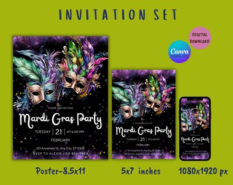 May include: A Mardi Gras party invitation set with a purple, green, and gold color scheme. The invitation features two masquerade masks with feathers and a starry background. The text on the invitation reads "Please join us for a Mardi Gras Party" with the date and time of the party. The invitation is available in three sizes: 8.5x11 inches, 5x7 inches, and 1080x1920 pixels.