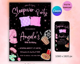 Sleepover Birthday Party Invitation, Pajama Party, Movie Night, EDITABLE Preteen Sleepover Party, Girls Night, Black Sleepover Invitation.