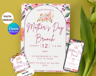 EDITABLE Mother's Day  Women’s Day Brunch Invitation Set, Happy Mother's Day, Mobile Invitation, Free Gift Tags, Canva Invitation Template