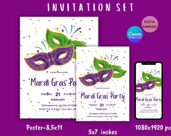May include: A Mardi Gras party invitation set with three different sizes: a poster, a 5x7 inch invitation, and a 1080x1920 pixel phone screen. The invitations feature a purple and green masquerade mask with gold accents on a white background with gold and green confetti.