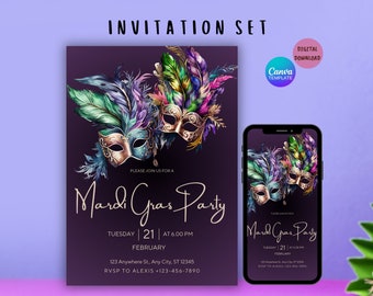 Può includere: Un set di inviti digitali per una festa di Mardi Gras. L'invito presenta due maschere dorate e viola con piume colorate su uno sfondo viola scuro. Il testo dell'invito recita "Unisciti a noi per una festa di Mardi Gras" e include la data, l'ora e il luogo della festa. L'invito è anche disponibile come sfondo per telefoni cellulari.