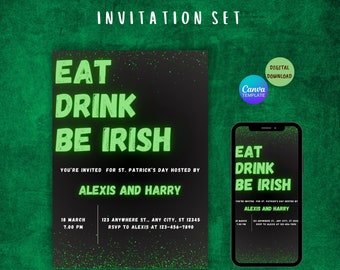 Editable St Patrick's Day Party Invitation, Template St. Patrick's Day, Mobile Invite, Eat Drink & Be Irish, St Patrick's Day Party.