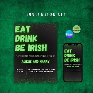 Editable St Patrick's Day Party Invitation, Template St. Patrick's Day, Mobile Invite, Eat Drink & Be Irish, St Patrick's Day Party.