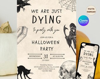 Editable Halloween Party Invitation, Printable 5x7, Mobile Digital Invite, Gothic Halloween Event Themed Party Invite Template, Skull Invite