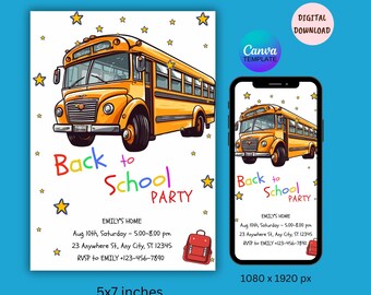 Editable Back to School Party Invitation with School Bus, Back to School, Back to School Party Invitation, First Day of School Party