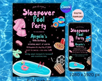 Sleepover Pool Party Birthday Invitation, EDITABLE Pool Party Template, Sleepover Swim Birthday Invite, Teen Girl Swim Pool Party Invite.