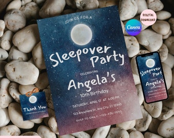 May include: An editable invitation for a sleepover party celebrating Angela's 10th birthday. The invitation features a watercolour background with stars and a moon, and the text "Sleepover Party" in a whimsical font. The invitation also includes the date, time, and location of the party, as well as an RSVP contact.