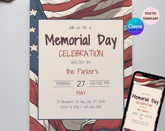 Printable Memorial Day Celebration Invitation, Editable Memorial Day  Party Invite Template,  Memorial Day Cookout Breakfast BBQ  Events.