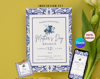 EDITABLE Mother's Day Brunch Invitation Set, Happy Mother's Day, Printable Mother Day Phone Invitation, Mother's Day Gift Tags, Mother's Day