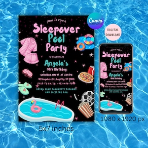 Invito di compleanno per pigiama party in piscina, modello modificabile per festa in piscina, invito di compleanno per pigiama party in piscina, invito per festa in piscina per ragazze adolescenti.