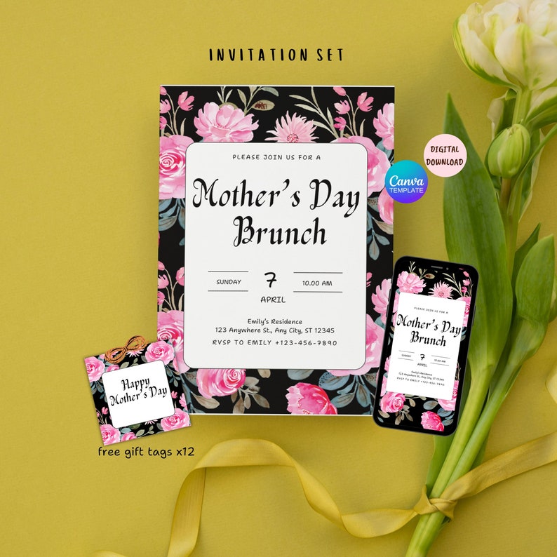 Op de afbeelding: Een printbare uitnodigingsset voor een Moederdagbrunch. De uitnodiging heeft een bloemmotief met roze rozen en groene bladeren op een zwarte achtergrond. De tekst op de uitnodiging luidt "Moederdagbrunch" en bevat de datum, tijd en locatie van het evenement. De set bevat ook een bijpassend cadeau-etiket met de tekst "Prettige Moederdag".