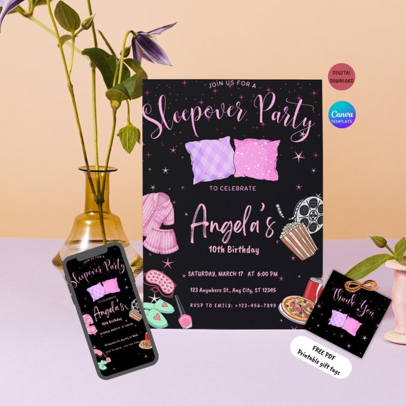 EDITABLE Sleepover Birthday Party Invitation, Girls Pajama Party, Movie Night İnvitation, Canva Preteen Party Template, Slumber Party,