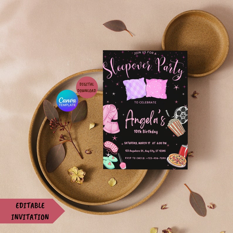 May include: A black and white printable invitation for a sleepover party. The invitation features a pink and purple pillow, a movie reel, popcorn, pizza, and a soda can. The text on the invitation reads "Join us for a Sleepover Party to celebrate Angela's 10th Birthday. Saturday, March 17 at 6:00 PM 123 Anywhere St., Ang City, ST 12345 RSVP to Emily: +123-456-7840"