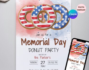 Memorial Day Donut Party Invitation, Editable Memorial Day Celebration with American Flag Pattern Donut, Memorial Day Lunch Cookout Events.