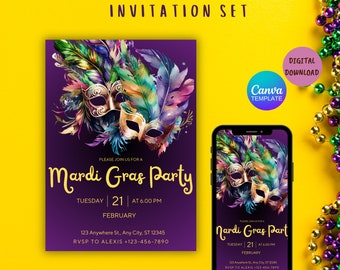 Op de afbeelding: Een digitale uitnodigingsset voor een Mardi Gras-feest. De uitnodiging heeft een paarse achtergrond met kleurrijke veren en gouden maskers. De tekst op de uitnodiging luidt "Wordt u alstublieft lid van ons voor een Mardi Gras-feest" en bevat de datum, tijd en locatie van het feest. De uitnodiging is ontworpen om te worden gebruikt als een Canva-sjabloon.