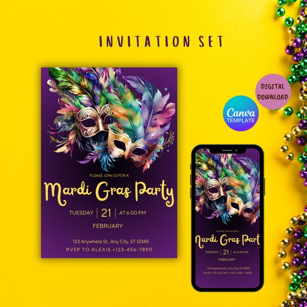 Modèle d'Invitation à la fête de Mardi Gras MODIFIABLE, Invitation Mobil, modèle d'Invitation Canva, célébration de Mardi Gras, fête du mardi gras